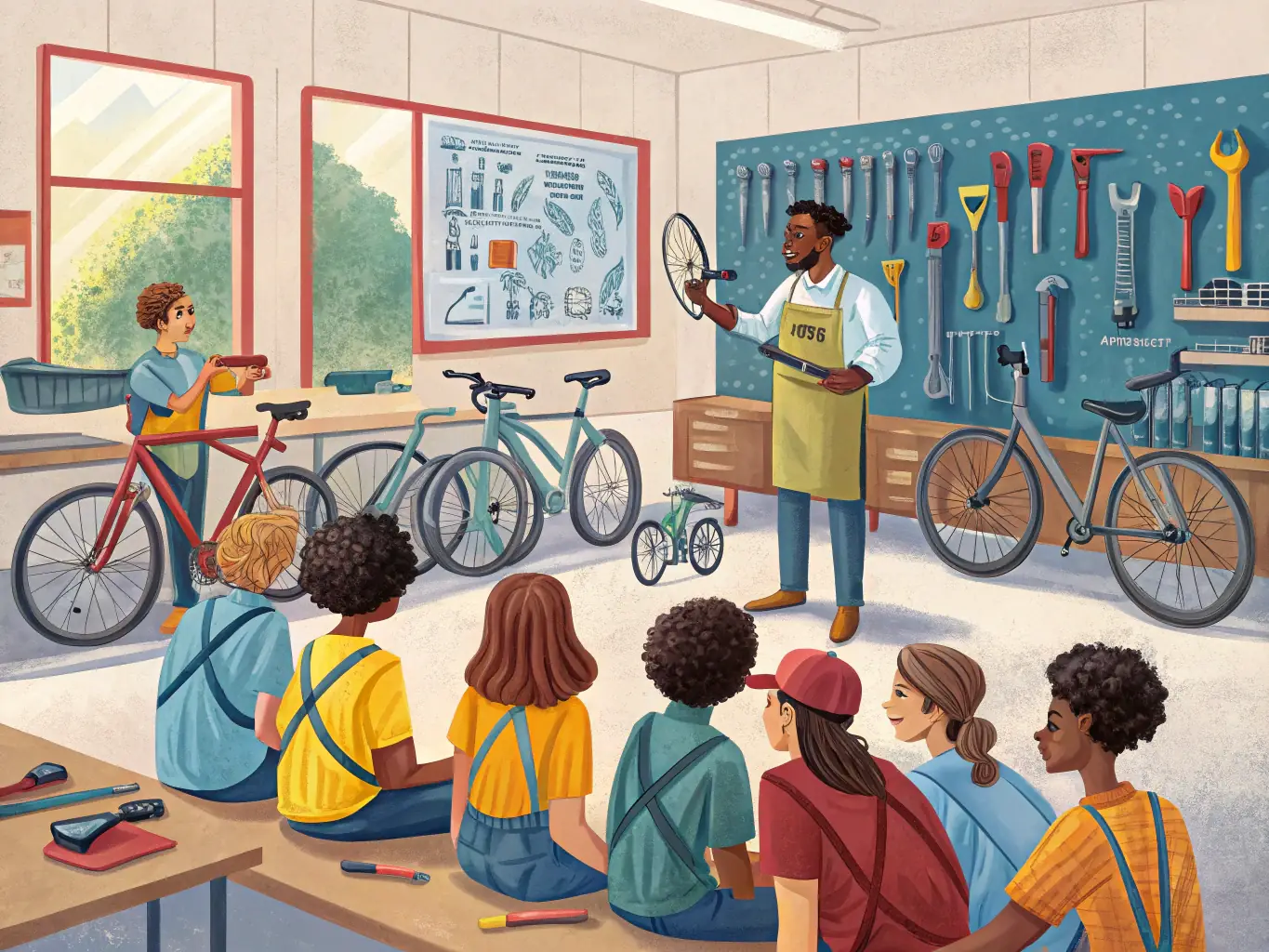 An image depicting MCCV members participating in a motorcycle maintenance workshop, with an instructor demonstrating essential repair and upkeep techniques.