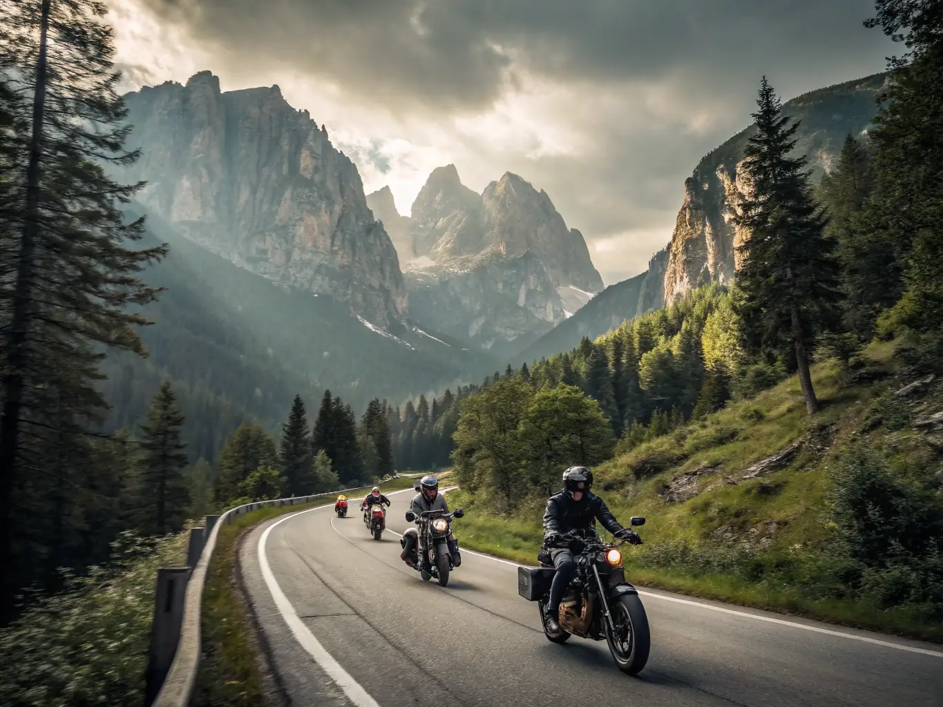 A scenic image of a group of MCCV members on a group ride through the French Alps, showcasing the camaraderie and adventure of motorcycle touring.