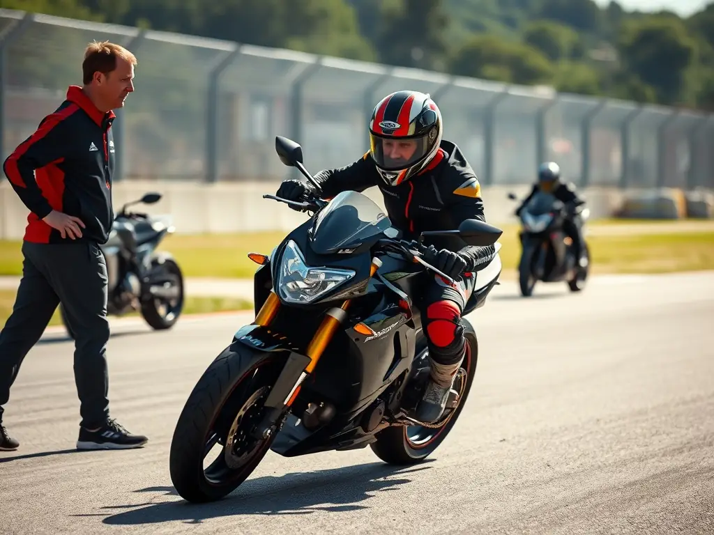 A group of motorcyclists participating in an advanced riding skills workshop, practicing cornering techniques on a closed course with an instructor providing guidance.