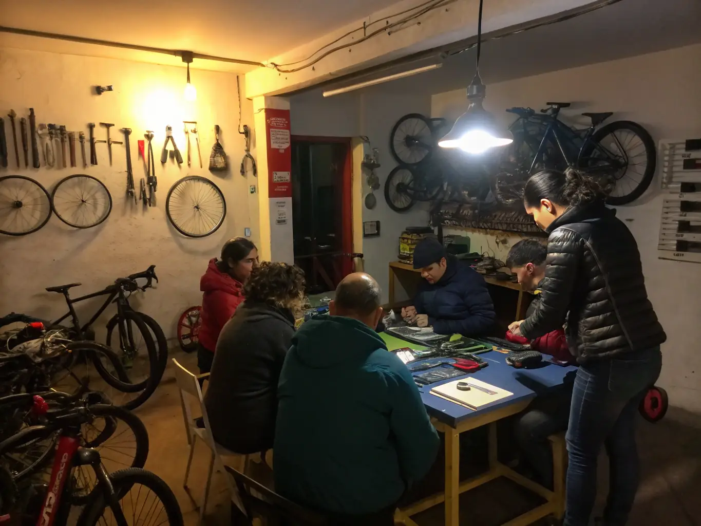 A photo of participants in a motorcycle maintenance workshop, learning how to perform basic repairs and maintenance tasks on their bikes.
